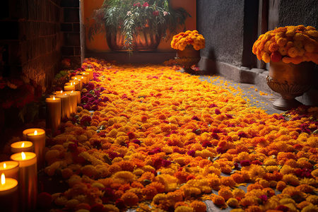 some flowers and candles on the ground. A stunning photo of a Day of the Dead through the streets - Generative AIの素材