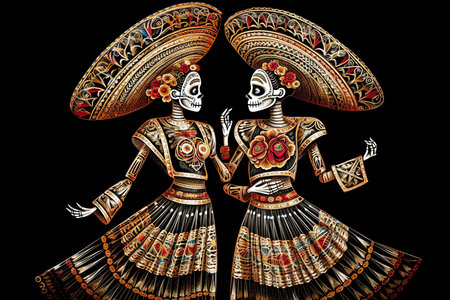 two skeletons dressed in traditional mexican costumes, one holding a rose and the other wearing a sombrel hat. Generative AIの素材