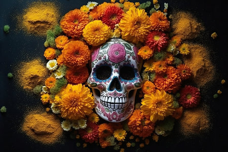a sugar skull surrounded by flowers on a black background with orange and yellow spies around the skull stock photo. Generative AIの素材