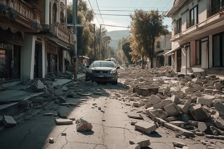 a city street that has been destroyed by the earthquake, with debris scattered on the ground and buildings in the background. Generative AIの素材