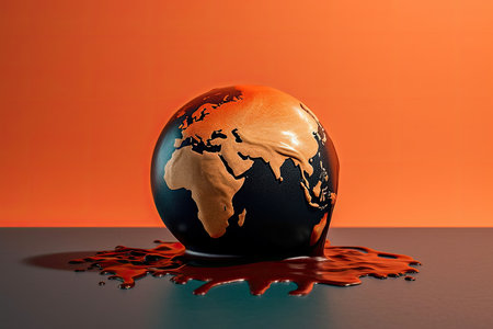A creative illustration of a melting Earth with a liquid globe and an orange background, symbolizing climate change and global warming.. Generative Aiの素材