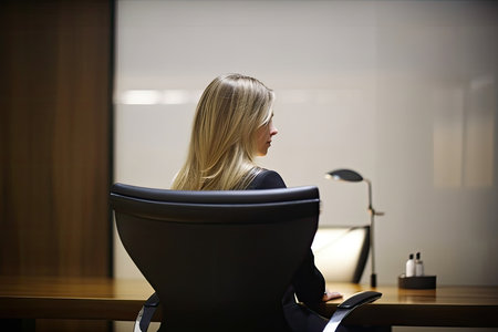 A poised and confident female CEO sitting in her office chair at a desk, prepared to lead her team and make important business decisions. Generative Aiの素材