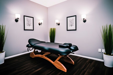 A massage table in a room with two plants on the wall and three pictures above it that show how you can relax. Generative Aiの素材