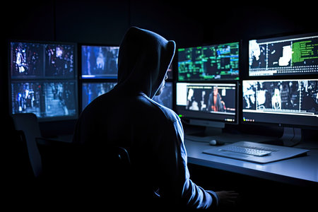 A person sitting in front of two computer monitors with multiple screens on the wall behind him, wearing a hoodie and with his back to the camera. Generative Aiの素材