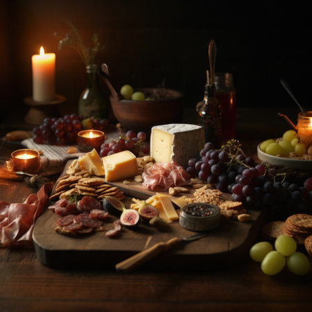 Cheese, meat, and grapes on a wooden cutting board with candlelight in the background from an overhead perspective. Generative Aiの素材