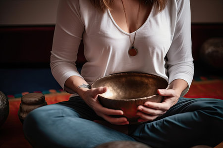 A calming photo of a person sitting on the floor and holding a bowl. Generative Aiの素材