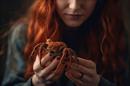 A whimsical portrait of a young woman with red hair holding a spider in front of her face and looking down at its eyes.. Generative Aiの素材