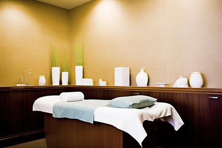 A massage table in a spa with a white towel where a couple is smiling and relaxing side by side. Generative Aiの素材