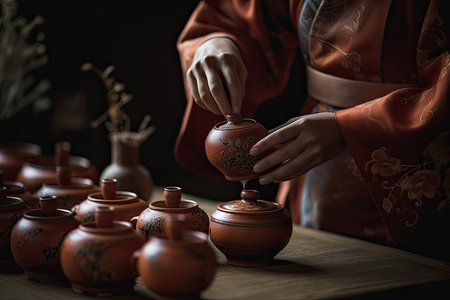 A beautiful and atmospheric photo of a woman artisan creating pottery on a wooden table in a studio setting.. Generative Aiの素材