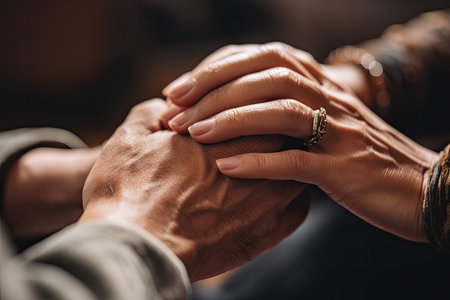 A close-up shot of a couples five-fingered hands as they hold each other with their fingers folded in the middle.. Generative Aiの素材