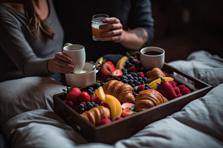 A tray with croissants, fruit, and pastries on it in the womans hands is holding a cup. Generative Aiの素材