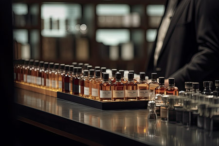 Two bottles of whisky on a bar counter, one being poured and the other filled with whisky. Generative Aiの素材