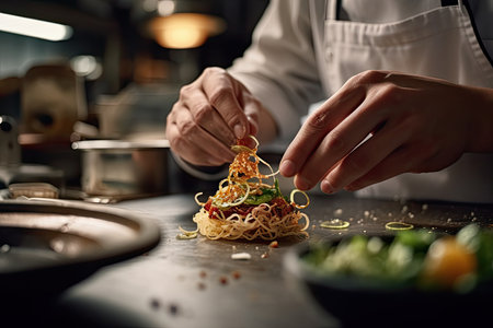 A skilled chef creating a small pasta dish on a kitchen counter in a high-end restaurant. Generative Aiの素材