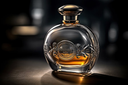 A close-up photograph of a glass bottle of Japanese whisky on a wooden table with a blurred background.. Generative Aiの素材