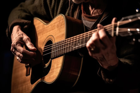 A man playing an acoustic guitar in the dark, wearing a black jacket and strumming the strings to produce a beautiful melody. Generative Aiの素材