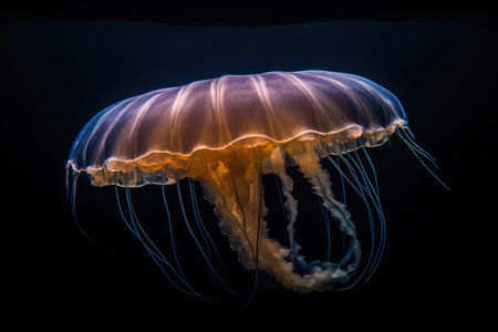 A jellyfish swimming in the dark water with its head turned to look like its coming from underneath. Generative Aiの素材