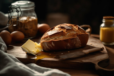 A loaf of bread with butter on a wooden cutting board.. Generative Aiの素材