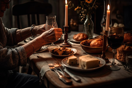 A woman sitting at a table with food and candles in front of her, holding a wine glass. Generative Aiの素材