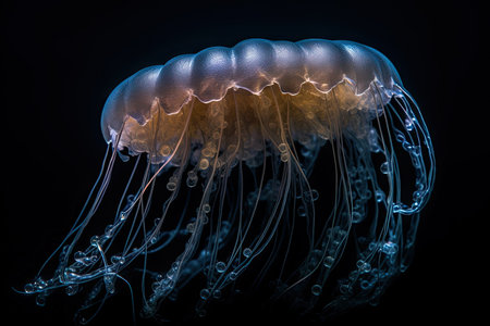 A jellyfish in the dark, with its head turned to look like its coming out from under the water. Generative Aiの素材