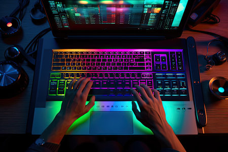 A top-down view of a person using a laptop with the keyboard lit up in neon colors, and headphones around their necks.. Generative Aiの素材