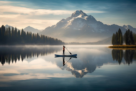 Person on a paddleboard in the middle of a lake with mountains in the background and trees reflected in the water.. Generative Aiの素材