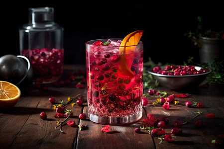 A glass filled with sangria and garnished with pink flowers. Generative Aiの素材
