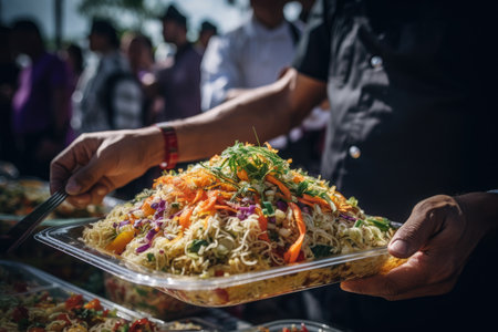 A colorful photo of a food buffet at an immigrant festival with people in the background.. Generative Aiの素材