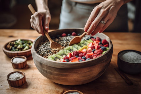Someone adding fresh fruit to a bowl of oats on a table with a wooden spoon and two bowls filled with food. Generative Aiの素材