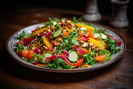 A bright and colorful salad bursting with fresh and crisp vegetables, arranged on a plate.. Generative Aiの素材