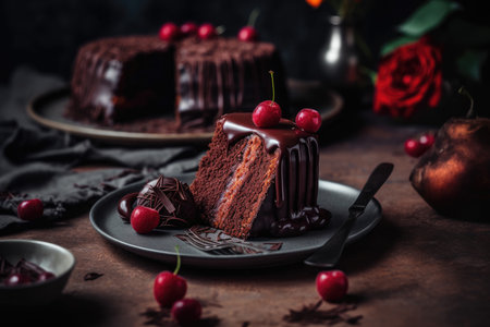 A decadent slice of chocolate cake with a moist crumbly texture on a plate with cherries and flowers in the background, ready to be eaten. Generative Aiの素材