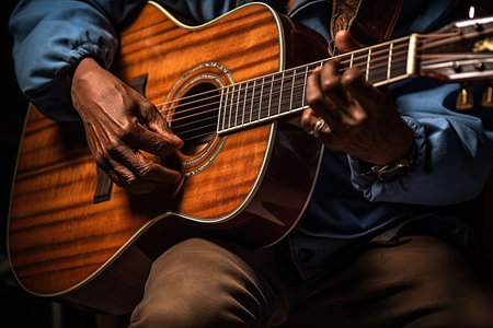 A man playing an acoustic guitar in the dark, with his hands resting on the neck and fingers pointing upwards, producing a beautiful melody. Generative Aiの素材