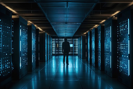 A man walking through a state-of-the-art data center at night, with blue lights shining down on the walls and floor.. Generative Aiの素材