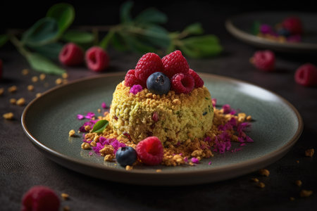 A beautifully plated vegan dessert featuring a piece of cake with fresh berries on a white plate.. Generative Aiの素材