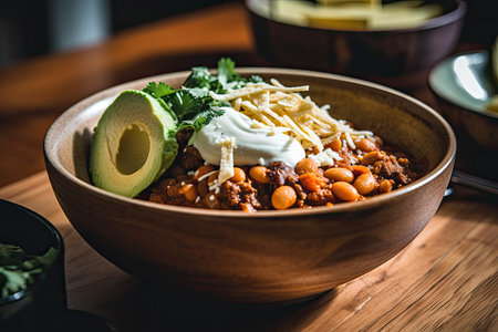 A savory bowl of chili with tender beef chunks, topped with avocado and served on a wooden table. Generative Aiの素材