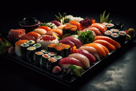 A close-up view of various types of sushi arranged on a black plate, with chopsticks and vegetables in the center, shot from above. Generative Aiの素材