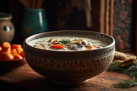 A steaming bowl of creamy vegan soup with carrots and other vegetables on a wooden table.. Generative Aiの素材