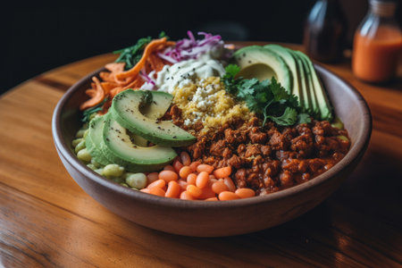 A bowl of chili with chunks of tender beef, avocado, beans, tomatoes, and other toppings on a wooden table. Generative Aiの素材