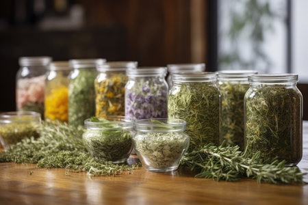 A still life of various herbal supplements in glass jars on a wooden table with a blurry background.. Generative Aiの素材