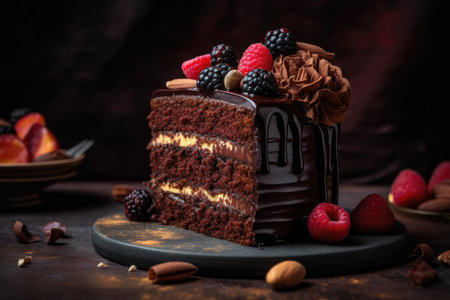 A decadent slice of chocolate cake with a moist crumbly texture on a plate with chocolate frosting and fruit in the middle, surrounded by other desserts. Generative Aiの素材