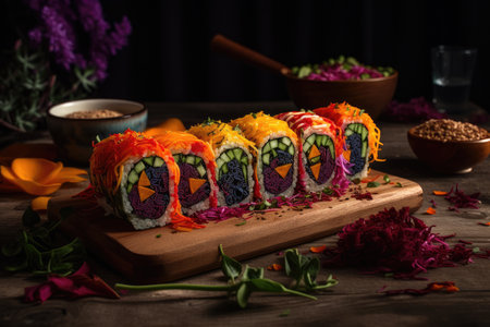 Visually stunning dish of vegan sushi rolls bursting. The rolls are filled with avocado, cucumber, and carrot, and are garnished with pickled ginger. Generative Ai. Generative Aiの素材