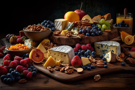 Different types of cheese, fruit, and nuts beautifully arranged on a table with a bowl of blueberries, oranges, and strawberries in the background. Generative Aiの素材