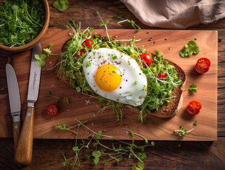 A stunning overhead shot of an egg on toasted bread with greens, tomatoes, and other vegetables next to the eggs ready to be eaten.. Generative Aiの素材