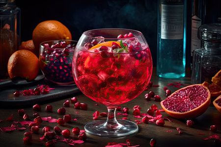 Cocktail with pomegranate seeds, citrus, and rose petals. Generative Aiの素材