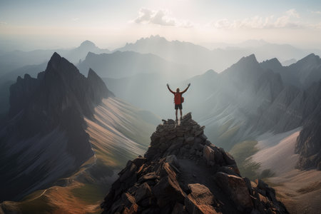 A man standing on top of a mountain, celebrating his achievement with arms raised up to the sky.. Generative Aiの素材