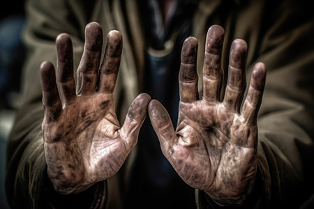 The hands of a person with dirt all over their palms and fingers. Generative Aiの素材