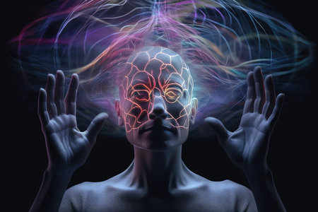 An image of a person with their hands in the shape of a human head and glowing light coming from their brain, representing advanced technology and artificial intelligence. Generative Aiの素材