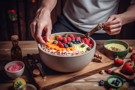 Someone preparing a colorful and nutritious smoothie bowl with berries, strawberries, and other fruits on a wooden cutting board. Generative Aiの素材