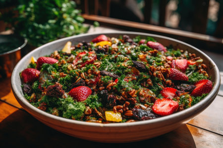 A salad in a bowl with mixed greens, strawberries, and nuts, on a wooden table.. Generative Aiの素材