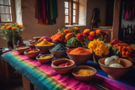 A table set for a traditional Mexican meal complete with bowls of different spices and flowers.. Generative Aiの素材