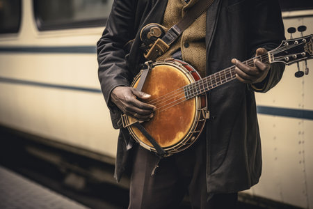 A man holding a banjo and standing in front of a train with his hand on the guitars neck.. Generative Aiの素材